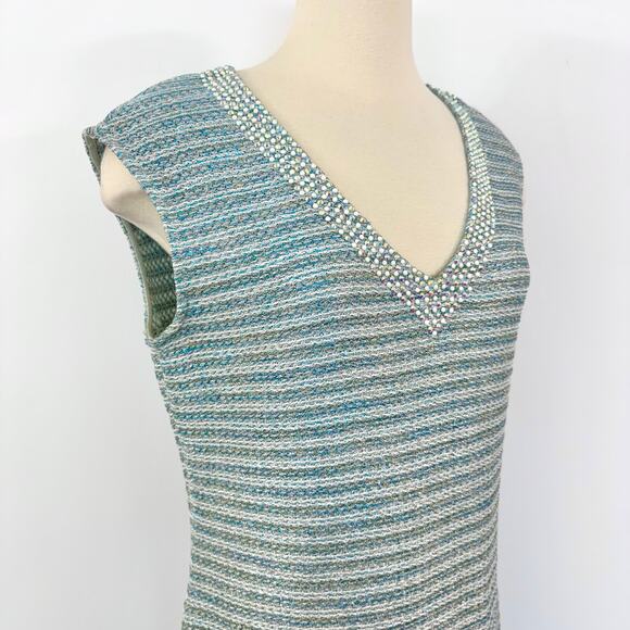 St. John Knit 2 Piece Set Striped Shimmery Embellished Dress and Cardigan 12 - Picture 9 of 15